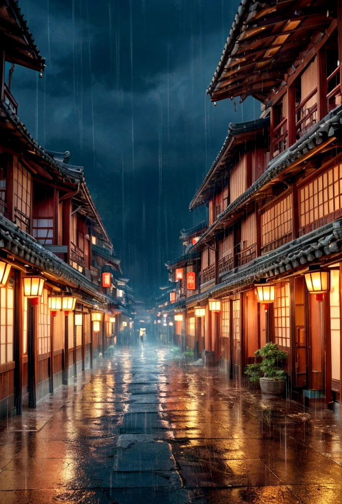 A view of the village with many lights on the buildings, Dreamy city in China, Chinese Village, Awesome Wallpapers, Japanese Street, Japanese Village, 超リアルな町のphotograph, Old Asian Village, Japanese cities, Raymond Han, Rainy night, Cyberpunk Chinese Ancient Castle, beautifully照らされた建物, Rainy Evening, beautifully、aesthetic, photograph, Cinematic, 8K, Detailed ((heavy rain)))