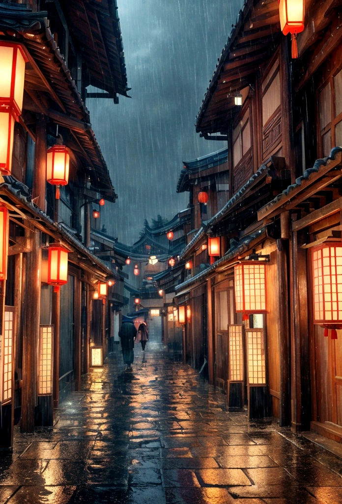 A view of the village with many lights on the buildings, Dreamy city in China, Chinese Village, Awesome Wallpapers, Japanese Street, Japanese Village, 超リアルな町のphotograph, Old Asian Village, Japanese cities, Raymond Han, Rainy night, Cyberpunk Chinese Ancient Castle, beautifully照らされた建物, Rainy Evening, beautifully、aesthetic, photograph, Cinematic, 8K, Detailed ((heavy rain)))