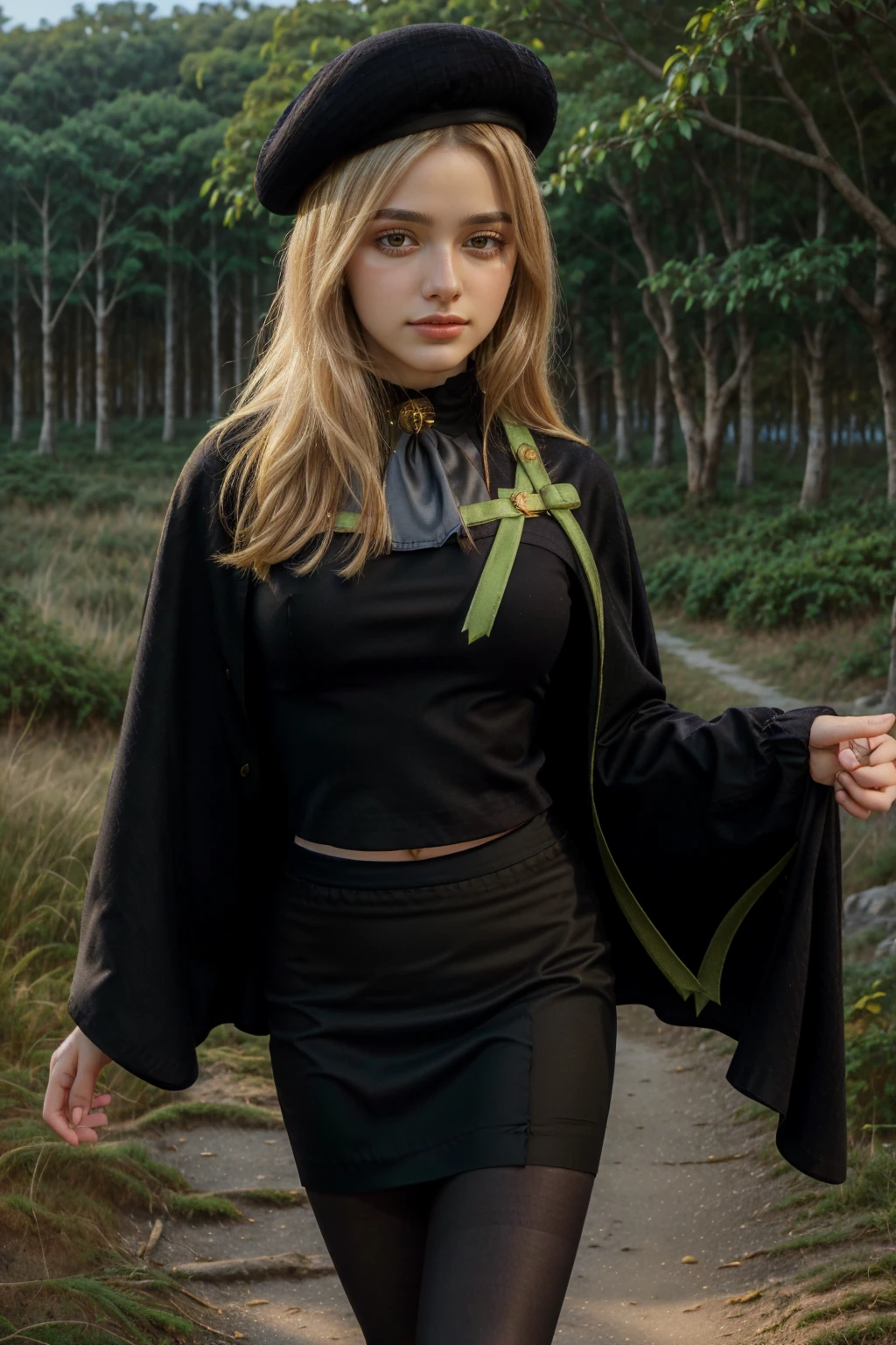 1 girl, best quality, ((Miyo)), tarankaaa, perfect face, beautiful smile, 30 years old, ((ascot,uniform, black skirt, cross, ribbon, gold blonde hair, emerald, beret, cape, pantyhose)), ((perfectly drawn hands)), perfect body, bare tree, bush, fog, forest, grass, nature, outdoors, plant, scenery, solo, standing, tree, 32k photograph, ((perfect eyes, detailed eyes,realistic eyes)), ((sharp face, detailed face, realistic face, natural skin, realistic skin, detailed skin, pores)), full body, tone mapping, asian-european, ((masterpiece)), ((highres)), ((detailed background)), japanese village background, night, big proportions, (abdomen is covered)