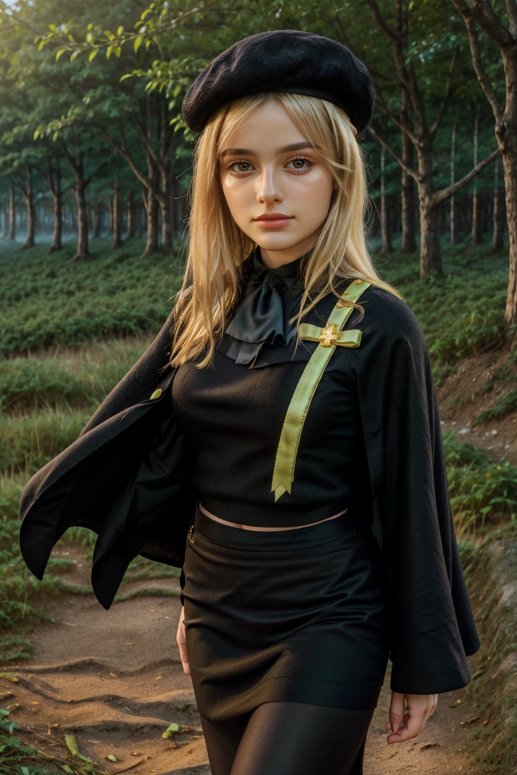 1 girl, best quality, ((Miyo)), tarankaaa, perfect face, beautiful smile, 30 years old, ((ascot,uniform, black skirt, cross, ribbon, gold blonde hair, emerald, beret, cape, pantyhose)), ((perfectly drawn hands)), perfect body, bare tree, bush, fog, forest, grass, nature, outdoors, plant, scenery, solo, standing, tree, 32k photograph, ((perfect eyes, detailed eyes,realistic eyes)), ((sharp face, detailed face, realistic face, natural skin, realistic skin, detailed skin, pores)), full body, tone mapping, asian-european, ((masterpiece)), ((highres)), ((detailed background)), japanese village background, night, big proportions, (abdomen is covered)