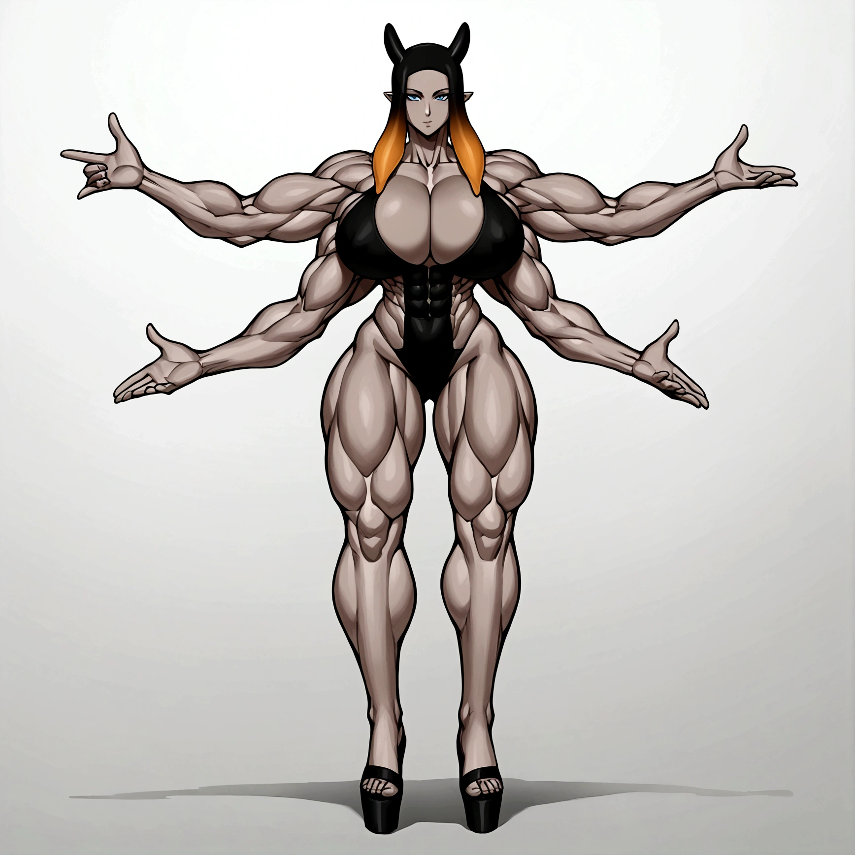 (masterpiece, best quality), best resolution, (4arms:1.5), dragon Yamato, open mouth showing tongue, long snake tongue, black skin, scaly skin, long hydra neck, dragon claws, big breasts, gigantic penis with gigantic balls, gigantic muscular body, full body.
