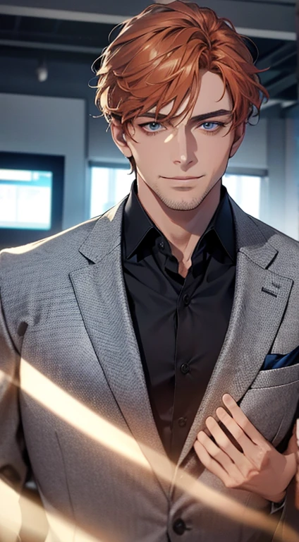 (best quality,4k,8k,highres,masterpiece:1.2),ultra-detailed,(realistic,photorealistic,photo-realistic:1.37),1 man,31 years old,mature man,very handsome,without expression,smile,short grey b
Orange hair,blue eyes,penetrating gaze,perfect face without errors,imposing posture,businessman,office background,cinematic lighting,hdr image