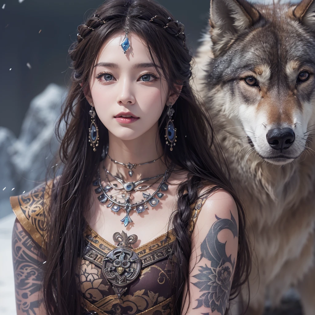 Lakeside surrounded by snowy mountains、Hair flow、 ((Highest quality、masterpiece、8K、Best image quality、Ultra-high resolution、Award-winning works)、(Accurate anatomy:1.1)、(Look at me and smile:1.1)、Shining fair skin with Ultra-high resolution、The most detailed face、Ultra-high resolution detailed face、Ultra-high resolutionの髪の毛、(Ultra-high resolutionの煌めく瞳:1.1)、Beautiful face drawn in every detail、Ancient Viking clothing, Chest to chest, tattoo, A real wolf is by your side