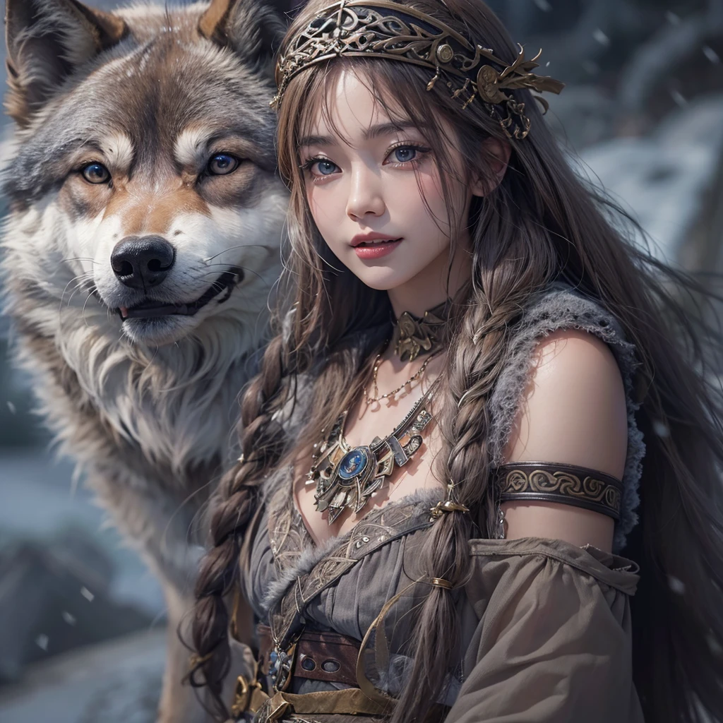 Lakeside surrounded by snowy mountains、Hair flow、 ((Highest quality、masterpiece、8K、Best image quality、Ultra-high resolution、Award-winning works)、(Accurate anatomy:1.1)、(Look at me and smile:1.hining fair skin with Ultra-high resolution、The most detailed face、Ultra-high resolution detailed face、Ultra-high resolutionの髪の毛、(Ultra-high resolutionの煌めく瞳:1.1)、Beautiful face drawn in every detail、Ancient Viking clothing, Chest to chest, tattoo, A real wolf is by your side