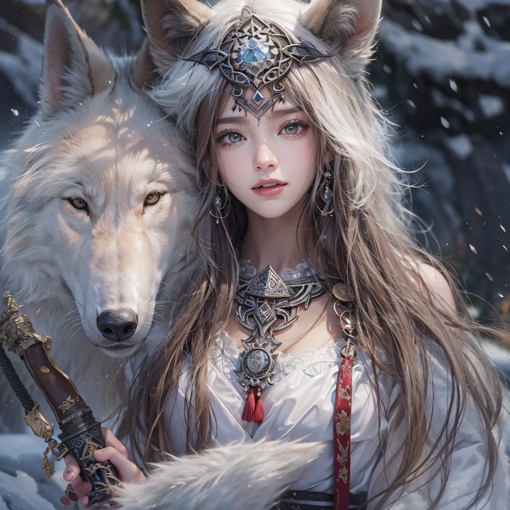 Lakeside surrounded by snowy mountains、Hair flow、 ((Highest quality、masterpiece、8K、Best image quality、Ultra-high resolution、Award-winning works)、(Accurate anatomy:1.1)、(Look at me and smile:1.1)、Shining fair skin with Ultra-high resolution、The most detailed face、Ultra-high resolution detailed face、Ultra-high resolutionの髪の毛、(Ultra-high resolutionの煌めく瞳:1.1)、Beautiful face drawn in every detail、Ancient Viking clothing, Chest to chest, tattoo, A real wolf is by your side