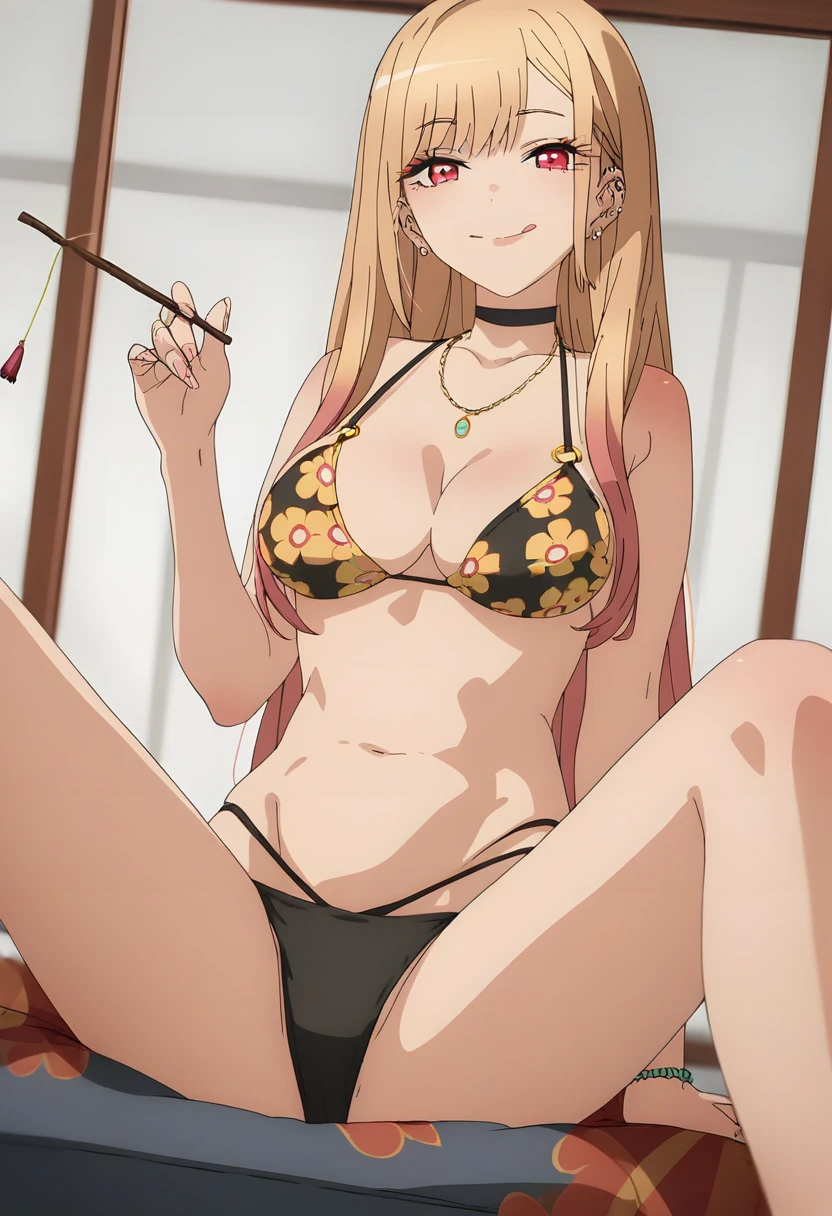 (score_9_up, score_8_up, score_7_up), (masterpiece, best quality, ultra detailed, intricate details, source anime, high resolution, smooth lines), kitagawa marin, 1girl, solo, long hair, breasts, looking at viewer, smile, stick tongue out, bangs, blonde hair, large breasts, red eyes, navel, cleavage, jewelry, medium breasts, sitting, swimsuit, bikini, multicolored hair, earrings, choker, spread legs, necklace, black bikini, black choker, piercing, floral print, ear piercing, string bikini, print bikini,