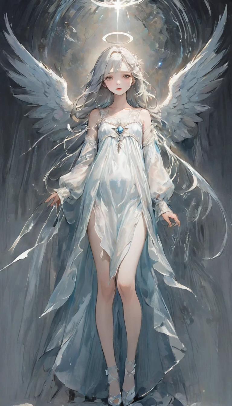 (masterpiece), (High resolution), (Very delicate), (masterpiece: 1.2, Highest quality),Perfect Anatomy、silver, Angel descending to earth、Paradise、The Girl Who Leads to Heaven、Cute face、Expressionless、 scribble, Doll-like face, Manga Style, rough sketch, Manga Styleイラスト, Japanese painting, whole body,(snap shot), Flat Illustration, Creepy Appearance, Unique atmosphere、