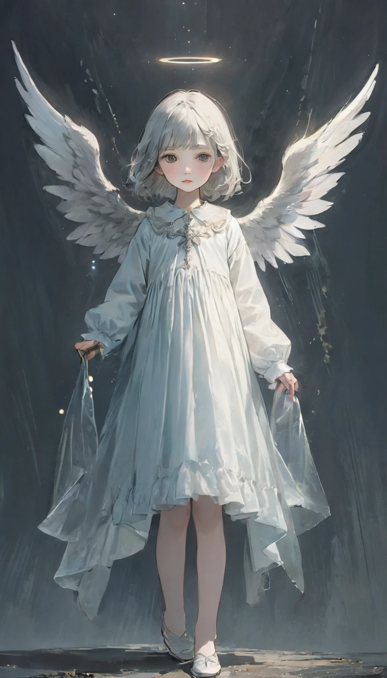 (masterpiece), (High resolution), (Very delicate), (masterpiece: 1.2, Highest quality),Perfect Anatomy、silver, Angel descending to earth、Paradise、The Girl Who Leads to Heaven、Cute face、Expressionless、 scribble, Doll-like face, Manga Style, rough sketch, Manga Styleイラスト, Japanese painting, whole body,(snap shot), Flat Illustration, Creepy Appearance, Unique atmosphere、