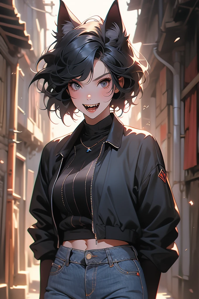 1girl, medieval city, dark alley, catgirl vampire, short black hair, bob cut, , jeans, jacket, sharp teeth, sleek tail, timid, shy, open mouth