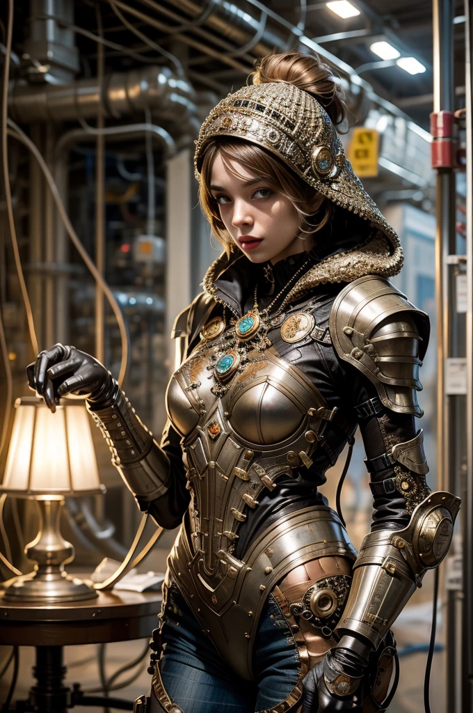 a cool girl wearing a detailed steampunk armored suit. Exposed wiring, lots of cords and tubes connecting to the system. 