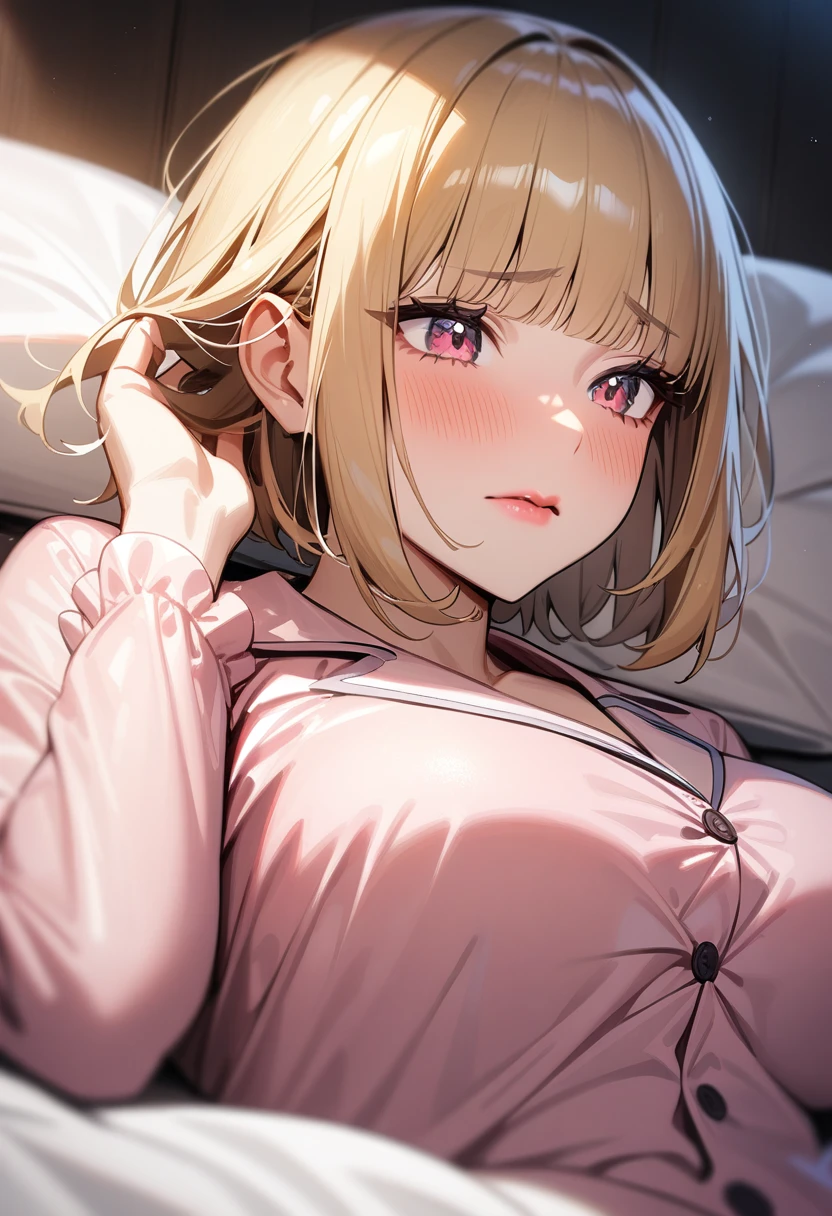 1girl,solo,super detailed skin,shiny skin,embarrassed,eyelashes,lips gloss,blonde hair, hime cut,blunt bangs,short hair ,large breasts ,pale pink Silk pajamas,lying on bed,hand in own hair,bedroom,masterpiece,best quality,ultra detailed,high resolution,sharp focus,depth of field