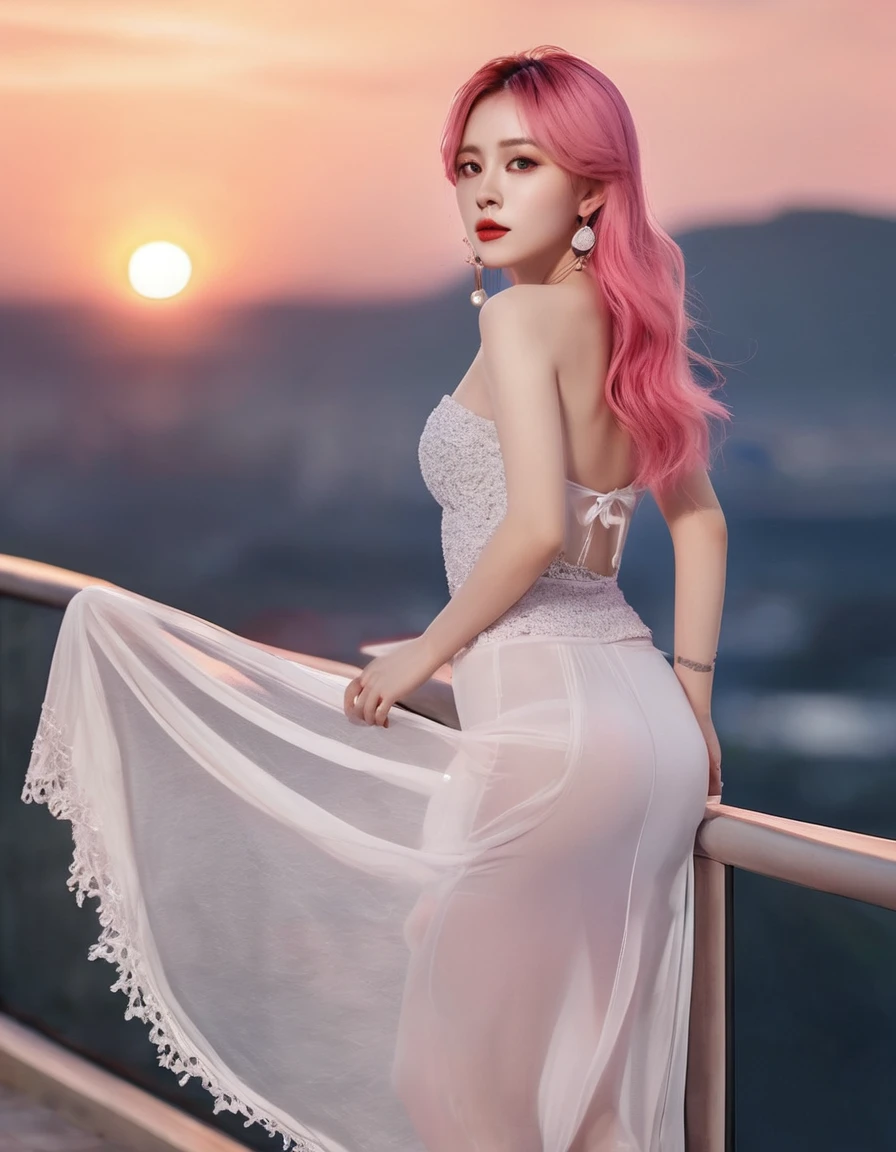 ((top quality、8K、Masterpiece:1.3))、Extremely delicate beautiful girl,with long pink hair,amazing breast size,G cup,Sunset。Wear big earrings,Very white skin,moist red lips,Waist is very thin, Thighs are very thin,BIG ASS,exposed,fair and smooth skin,Smooth and fair skin,flawless skin,Fair and shiny skin,Cold white skin,The camera focuses on the chest,bright light,Bandeau Dress,Transparent skirt,Openwork skirt,Exposed shoulders,pink hair,Back exposed to buttocks,The back is exposed to the waist and hip line,Smooth white back,Stand sideways, Straight posture