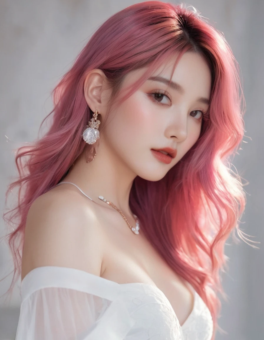 ((top quality、8K、​Masterpiece:1.3))、Extremely delicate beautiful girl，with long pink hair，amazing breast size，G cup，Sunset。Wear big earrings，Very white skin，moist red lips，Waist is very thin， Thighs are very thin，BIG ASS，exposed，fair and smooth skin，Smooth and fair skin，flawless skin，Fair and shiny skin，Cold white skin，The camera focuses on the chest，bright light，Bandeau Dress，Transparent skirt，Openwork skirt，Exposed shoulders，pink hair，Back exposed to buttocks，The back is exposed to the waist and hip line，Smooth white back，Stand sideways， Straight posture
