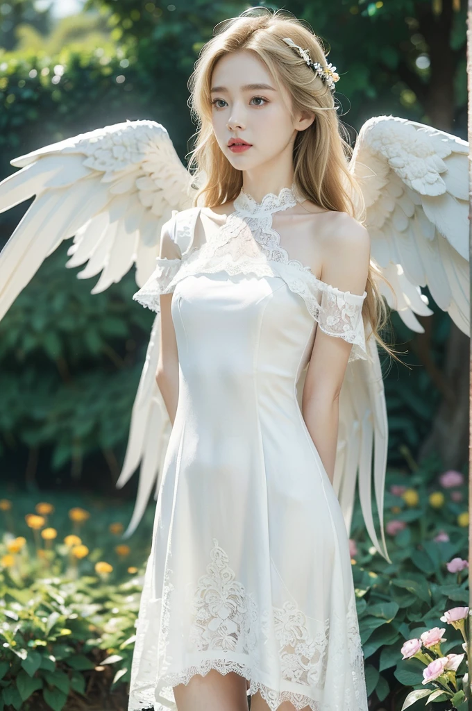 (((best quality))), (((ultra detailed))), (((masterpiece))), illustration,((1 beautiful little girl,solo,angel)),((fair skin,shoulder length straight blonde hair,blue eyes)),((slim,thin,small breasts,flat chest)),joyful expression,(white wings:1.3),(flowing short-sleeved white lace dress:1.3),((In heaven, garden setting)), vibrant flowers,(colorful flowers:1.3),lush grass, gentle breeze, (clear sky, fluffy clouds, shining sun),((from front,standing,upper body,arms behind back))