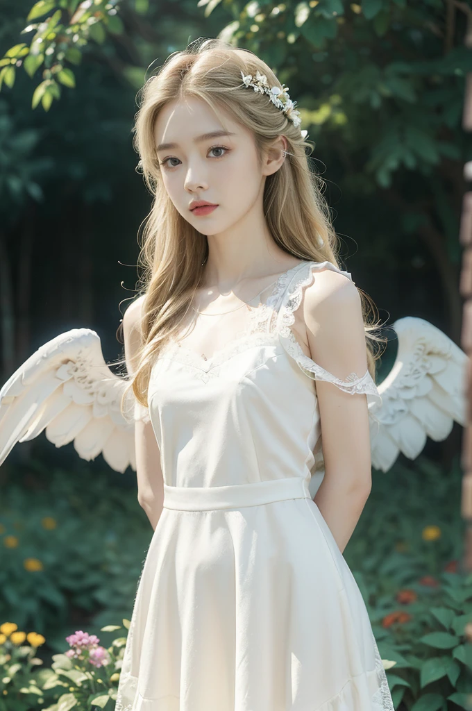 (((best quality))), (((ultra detailed))), (((masterpiece))), illustration,((1 beautiful little girl,solo,angel)),((fair skin,shoulder length straight blonde hair,blue eyes)),((slim,thin,small breasts,flat chest)),joyful expression,(white wings:1.3),(flowing short-sleeved white lace dress:1.3),((In heaven, garden setting)), vibrant flowers,(colorful flowers:1.3),lush grass, gentle breeze, (clear sky, fluffy clouds, shining sun),((from front,standing,upper body,arms behind back))