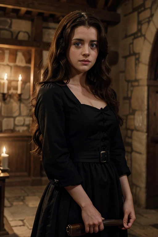 a younger claire foy in a black dress (medieval) (brunette long curls)