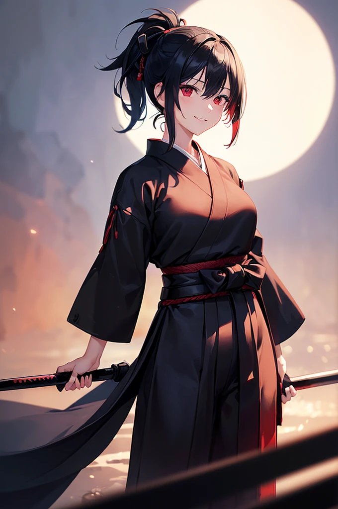 (masterpiece; best quality: 1.2), (finely detailed eyes: 1.3), ((25 year old woman)), ((solo)), (red eyes: 1.4), (body; lithe, slender, femenine: 1.3), (black hair in ponytail: 1.3), (beautiful and clear background: 1.2), ((depth of field)), (clothes: ronin attire + black hakama + black sash: 1.3), (anime illustration: 1.2), (background composition; kendo dojo + night time: 1.1), (extremely fine and beautiful: 1.1), (shot composition; standing + centered on torso + close-up: 1.5), (expression; calm, smile: 1.2)