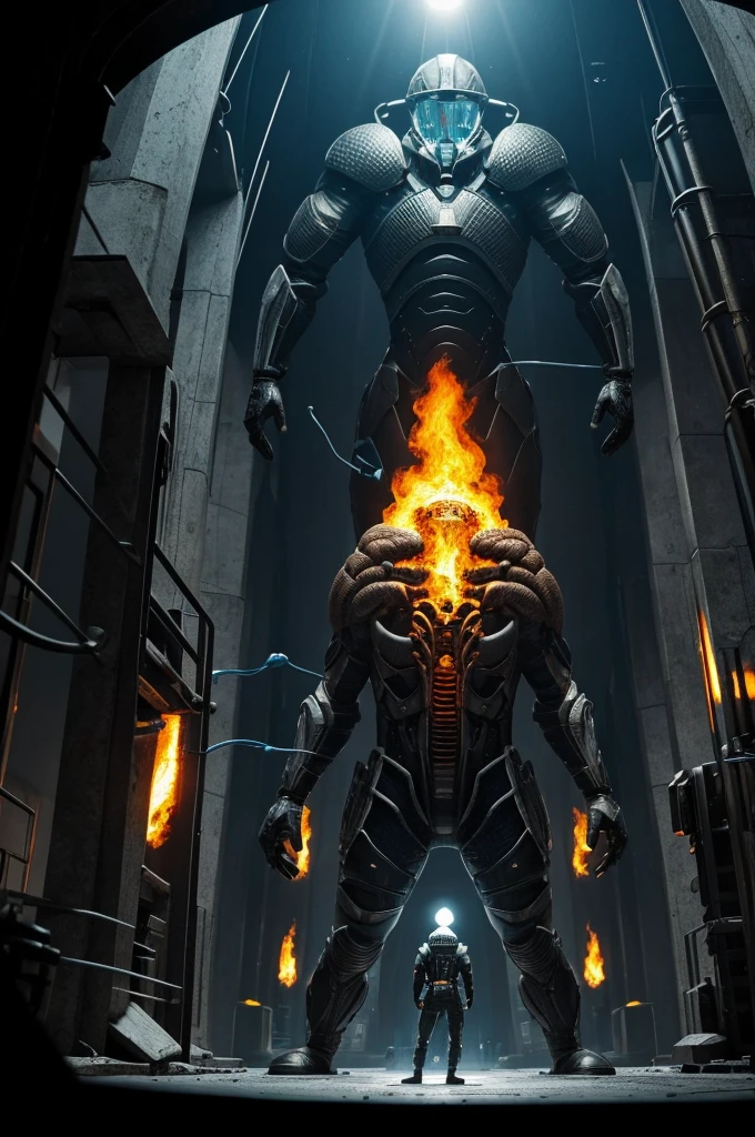 in a futuristic laboratory, Scientists create beings with three heads and no mouths, known as Tricephalus. It shows the creature emerging from a capsule with cables and equipment around it.. Includes a visual transition where a Tricephalus becomes a normal human, feeding on eyes in a dark room, sleeping standing up in the dark, dividing into two, fighting an internal war, and finally causing chaos in a burning city while laughing evilly. All in a dark and detailed style.*