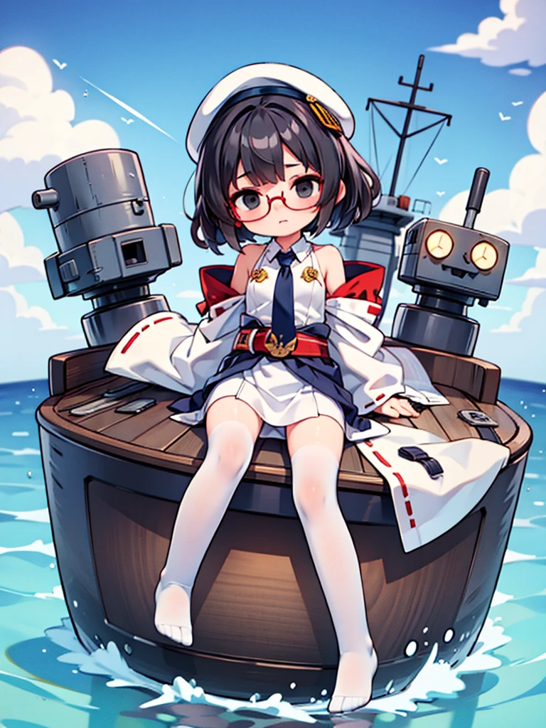(((masterpiece, Vision))), ((((Full body of a woman with perfect flat chest、solo、Short unkempt black hair、Tie your messy hair at the nape of your neck、white military jacket、Miko costume、tights、Black glasses、White military cap、Cloudy black eyes、Confused eyes、Junyo-inspired emblem)))), (((Shipgirl))), ((Floating on the morning sea with both feet)), (Spread your legs wide open), (Hold the turret grip with your right hand), (Mechanical arms extending from the waist are used to equip the ship with battleship equipment.), (Equipped with a turret on the back), (Left arm holds the triple turret grip), Shotgun belt on thigh, Spreading the Machine&#39;s Wings, Machine tail, Mechanical arm holds the turret, Heart Eyes, 