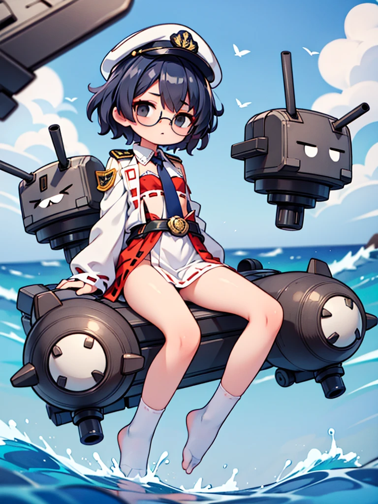 (((masterpiece, Vision))), ((((Full body of a woman with perfect flat chest、solo、Short unkempt black hair、Tie your messy hair at the nape of your neck、white military jacket、Miko costume、tights、Black glasses、White military cap、Cloudy black eyes、Confused eyes、Junyo-inspired emblem)))), (((Shipgirl))), ((Floating on the morning sea with both feet)), (Spread your legs wide open), (Hold the turret grip with your right hand), (Mechanical arms extending from the waist are used to equip the ship with battleship equipment.), (Equipped with a turret on the back), (Left arm holds the triple turret grip), Shotgun belt on thigh, Spreading the Machine's Wings, Machine tail, Mechanical arm holds the turret, Heart Eyes,