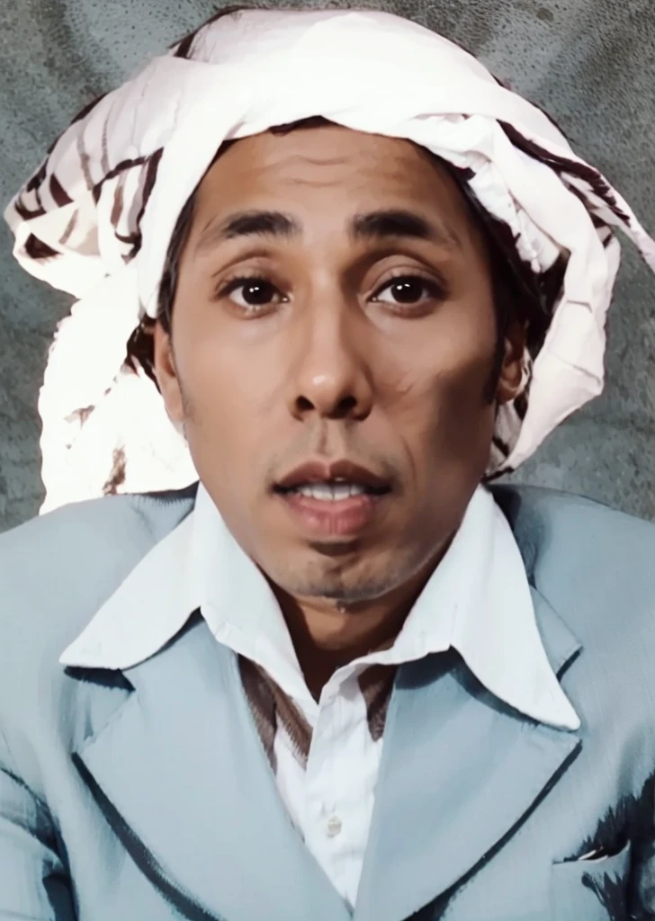 Man, wearing a white turban with striped details and wearing a realistic white suit and shirt