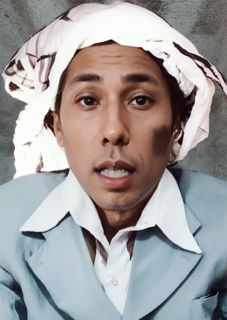 Man, wearing a white turban with striped details and wearing a realistic white suit and shirt 