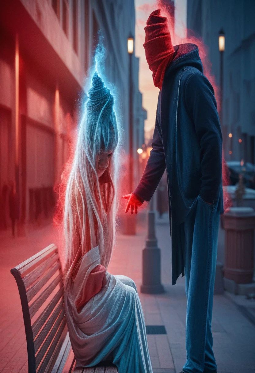 a man approaching a woman sitting on a bench, a red aura around the man and a blue aura being drained from the woman sitting on the white bench, detailed portrait, dramatic lighting, cinematic, highly detailed, intricate, hyperrealistic, vibrant colors, dramatic shadows, chiaroscuro, moody atmosphere, (best quality,4k,8k,highres,masterpiece:1.2),ultra-detailed,(realistic,photorealistic,photo-realistic:1.37)Um homem abordando uma mulher sentada em um banco, é possível perceber uma aura vermelha em volta do homem e uma aura azul sendo sugada da mulher sentada no branco.