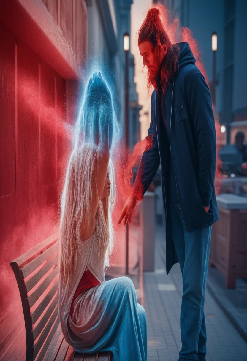 a man approaching a woman sitting on a bench, a red aura around the man and a blue aura being drained from the woman sitting on the white bench, detailed portrait, dramatic lighting, cinematic, highly detailed, intricate, hyperrealistic, vibrant colors, dramatic shadows, chiaroscuro, moody atmosphere, (best quality,4k,8k,highres,masterpiece:1.2),ultra-detailed,(realistic,photorealistic,photo-realistic:1.37)Um homem abordando uma mulher sentada em um banco, é possível perceber uma aura vermelha em volta do homem e uma aura azul sendo sugada da mulher sentada no branco.