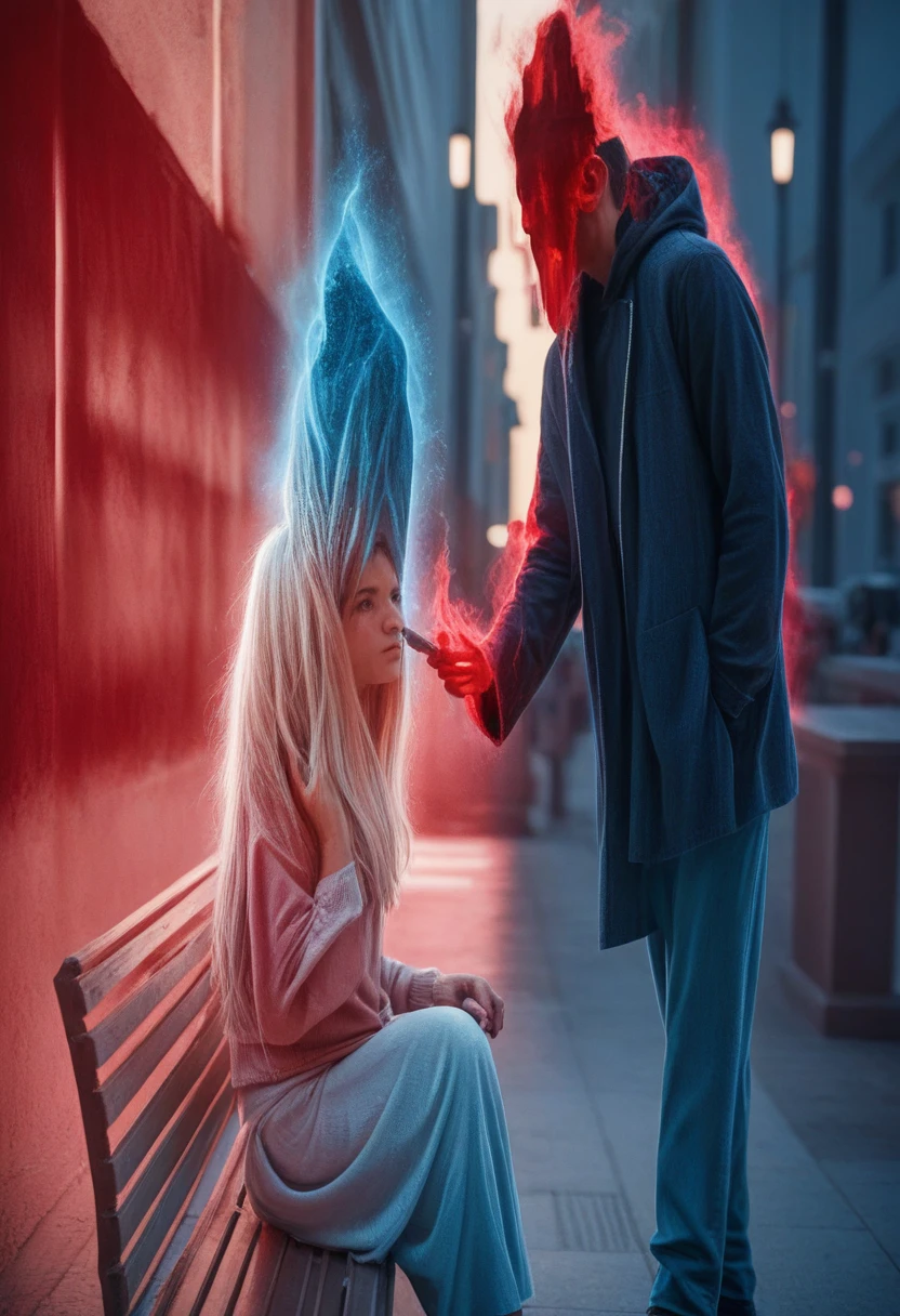 a man approaching a woman sitting on a bench, a red aura around the man and a blue aura being drained from the woman sitting on the white bench, detailed portrait, dramatic lighting, cinematic, highly detailed, intricate, hyperrealistic, vibrant colors, dramatic shadows, chiaroscuro, moody atmosphere, (best quality,4k,8k,highres,masterpiece:1.2),ultra-detailed,(realistic,photorealistic,photo-realistic:1.37)Um homem abordando uma mulher sentada em um banco, é possível perceber uma aura vermelha em volta do homem e uma aura azul sendo sugada da mulher sentada no branco.