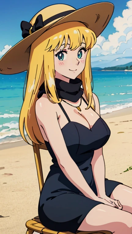 Anime cel style,
 masterpiece, Highest quality, High resolution, Anime Color,
Megami Magazine:1.2, Anime poster style,
Anime key visual, sharp, 8K, Realistic,
 (Beautiful Eyes:1.5), 

Reiko_iwife,

 One girl, 

Blonde, Long Hair, (Huge saggy breasts), (Beautiful Nudes), Cleavage, (Upper Body, Sitting), 
(Perfectly detailed anatomy, Perfect Arms, Perfect Fingers, Beautiful Face, Perfect body, Shiny skin),

Seaside,Sandy Beach,Beach ball,Beach parasol,

(Black Dress), (Black scarf),
Golden Necklace,Rose Hair Accessories,
Straw hat,

expression(smile), (blush), 
Squint your eyes,Closed Mouth,