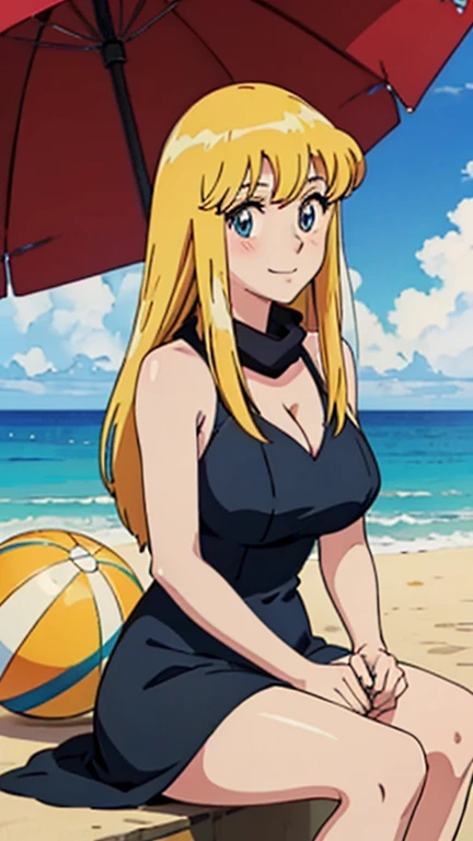 Anime cel style,
 masterpiece, Highest quality, High resolution, Anime Color,
Megami Magazine:1.2, Anime poster style,
Anime key visual, sharp, 8K, Realistic,
 (Beautiful Eyes:1.5), 

Reiko_iwife,

 One girl, 

Blonde, Long Hair, (Huge saggy breasts), (Beautiful Nudes), Cleavage, (Upper Body, Sitting), 
(Perfectly detailed anatomy, Perfect Arms, Perfect Fingers, Beautiful Face, Perfect body, Shiny skin),

Seaside,Sandy Beach,Beach ball,Beach parasol,

(Black Dress), (Black scarf),
Golden Necklace,Rose Hair Accessories,
Straw hat,

expression(smile), (blush), 
Squint your eyes,Closed Mouth,