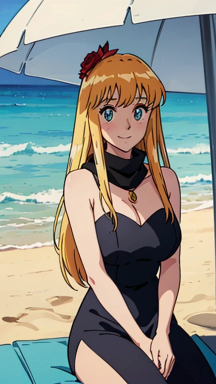 Anime cel style,
 masterpiece, Highest quality, High resolution, Anime Color,
Megami Magazine:1.2, Anime poster style,
Anime key visual, sharp, 8K, Realistic,
 (Beautiful Eyes:1.5), 

Reiko_iwife,

 One girl, 

Blonde, Long Hair, (Huge saggy breasts), (Beautiful Nudes), Cleavage, (Upper Body, Sitting), 
(Perfectly detailed anatomy, Perfect Arms, Perfect Fingers, Beautiful Face, Perfect body, Shiny skin),

Seaside,Sandy Beach,Beach ball,Beach parasol,

(Black Dress), (Black scarf),
Golden Necklace,Rose Hair Accessories,
Straw hat,

expression(smile), (blush), 
Squint your eyes,Closed Mouth,