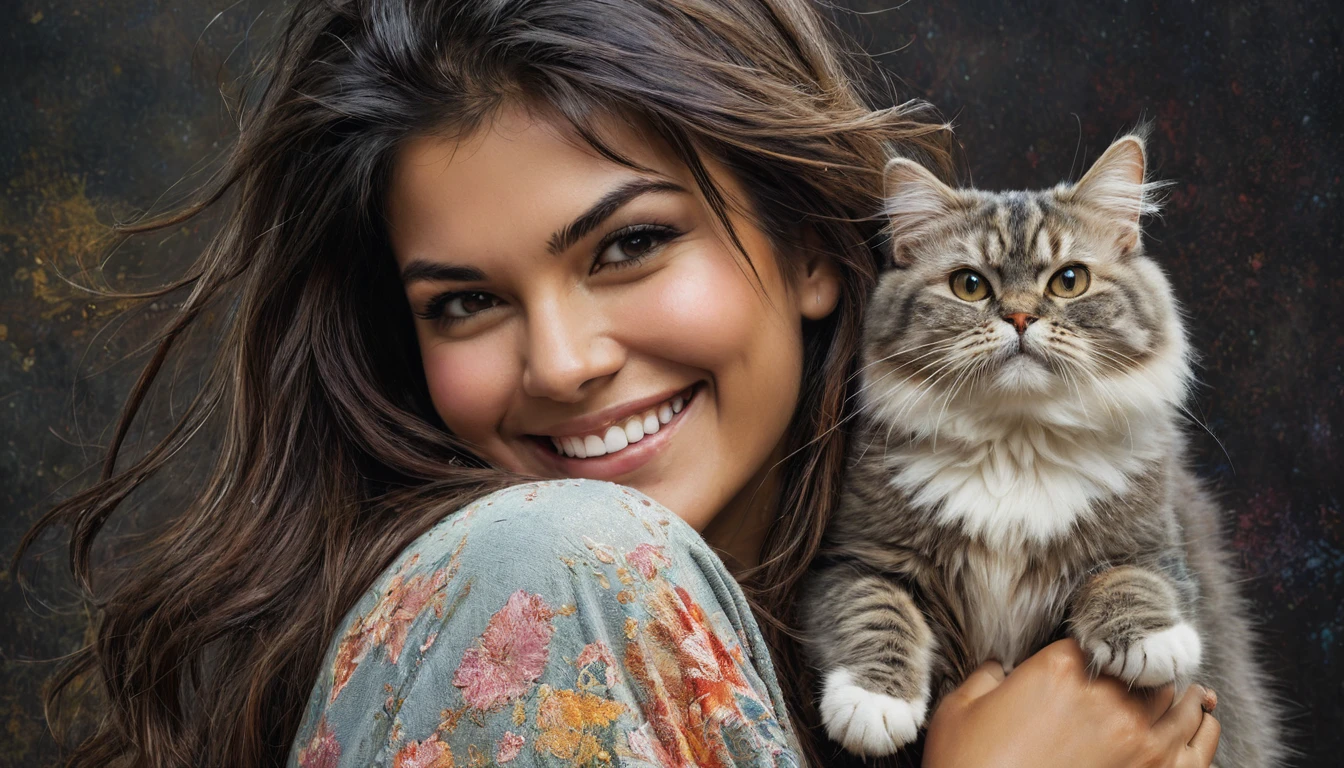 half body,
a woman smile with her best friend her Persian cat,
dark complex background, style by Thomas Kinkade+David A. Hardy+Carne Griffiths+Mandy Disher half vivid colors fine art, best quality, high detailed, detailed faces, 2d,