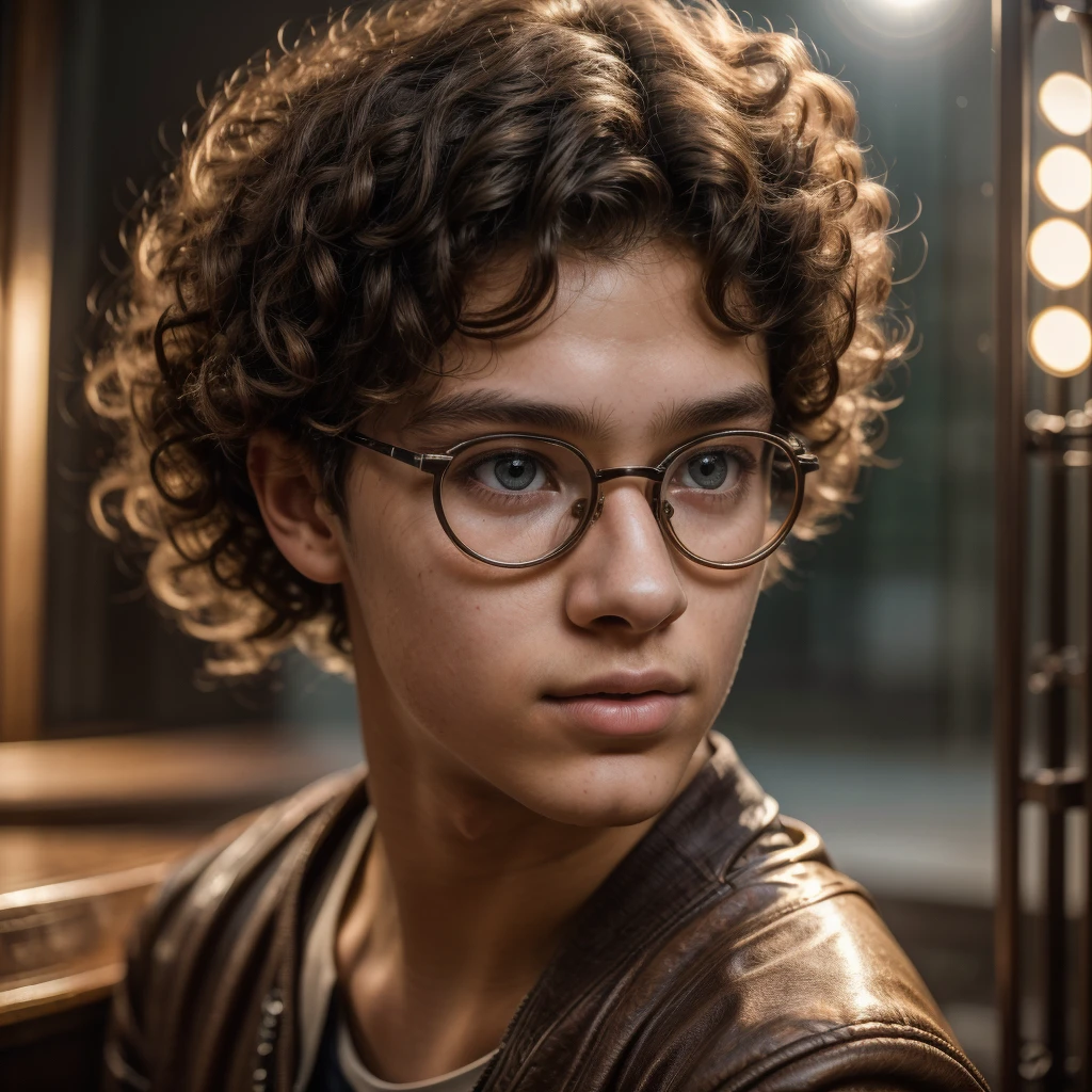 a 16 year old teenage boy with curly hair wearing round metal glasses, detailed portrait, beautiful detailed eyes, beautiful detailed lips, extremely detailed face, intricate hairstyle, warm lighting, cinematic, photorealistic, 8k, ultra-detailed, high quality, award winning photography, environmental portrait, natural setting, realistic skin texture, studio lighting,beautiful background