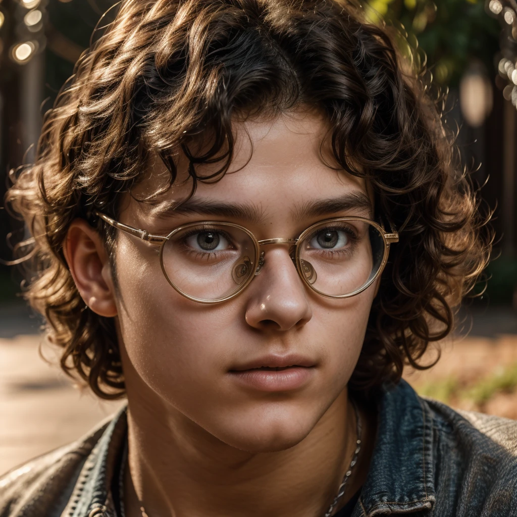 a 16 year old teenage boy with curly hair wearing round metal glasses, detailed portrait, beautiful detailed eyes, beautiful detailed lips, extremely detailed face, intricate hairstyle, warm lighting, cinematic, photorealistic, 8k, ultra-detailed, high quality, award winning photography, environmental portrait, natural setting, realistic skin texture, studio lighting,beautiful background
