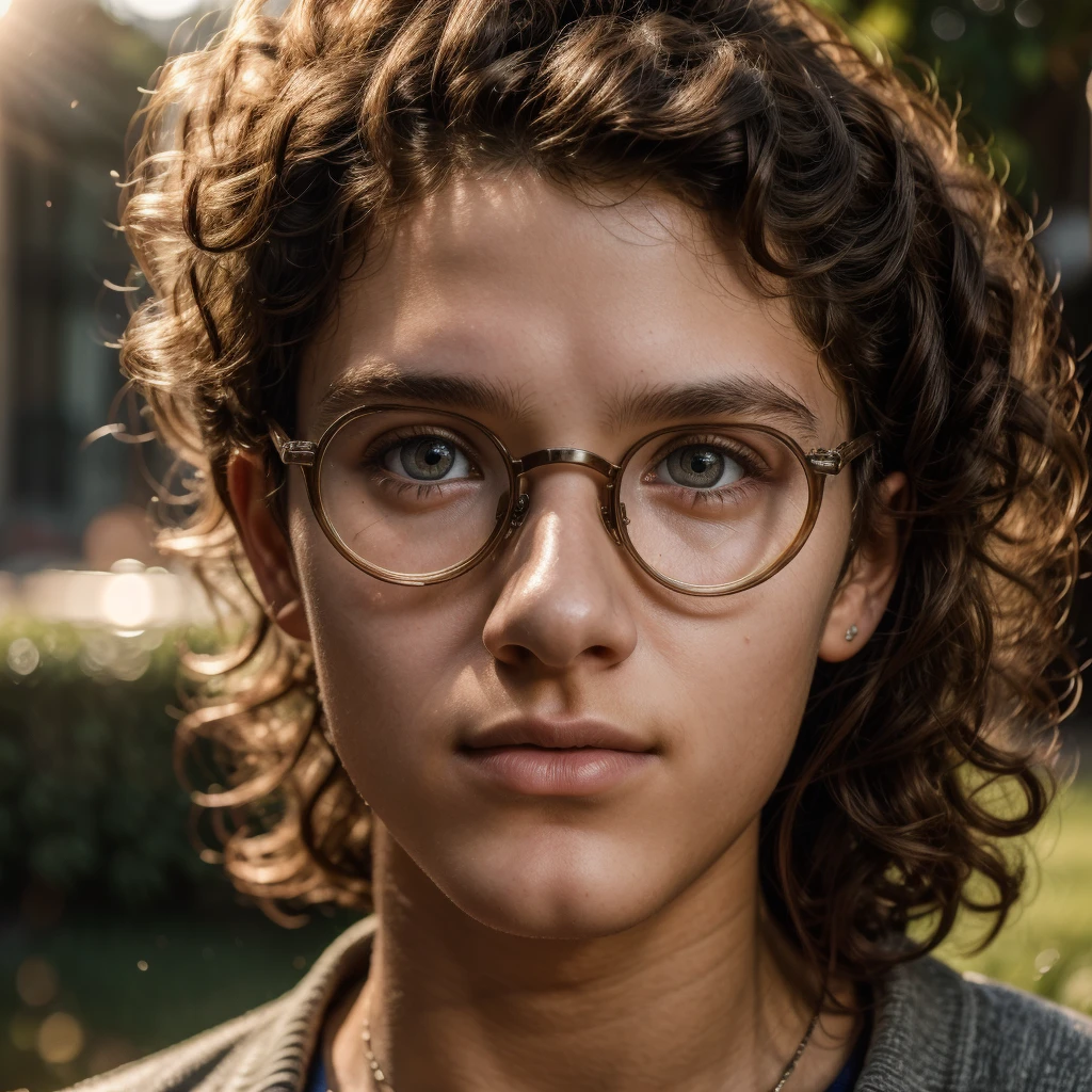 a  boy with curly hair wearing round metal glasses, detailed portrait, beautiful detailed eyes, beautiful detailed lips, extremely detailed face, intricate hairstyle, warm lighting, cinematic, photorealistic, 8k, ultra-detailed, high quality, award winning photography, environmental portrait, natural setting, realistic skin texture, studio lighting,beautiful background