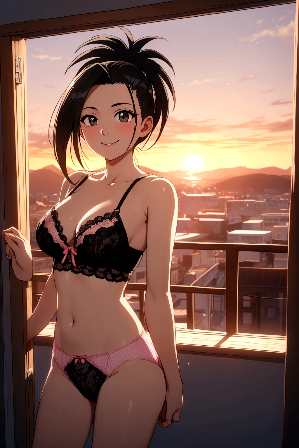 momo yaoyorozu, , pink panties with white stripes, black lace bra, medium breasts, bedroom, smiling, sunrise