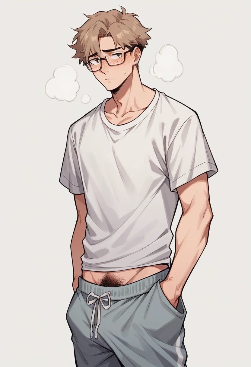 best quality, masterpiece, anime art style, skinny and tall 18 year old boy, freckles, very messy light brown hair, big glasses, shy, wearing baggy light grey sweatpants and oversized white tshirt, hands in pockets, pubic hair, bulge, sexy, gay, homoerotic, perfection, white background, no watermark, no logo, no signature