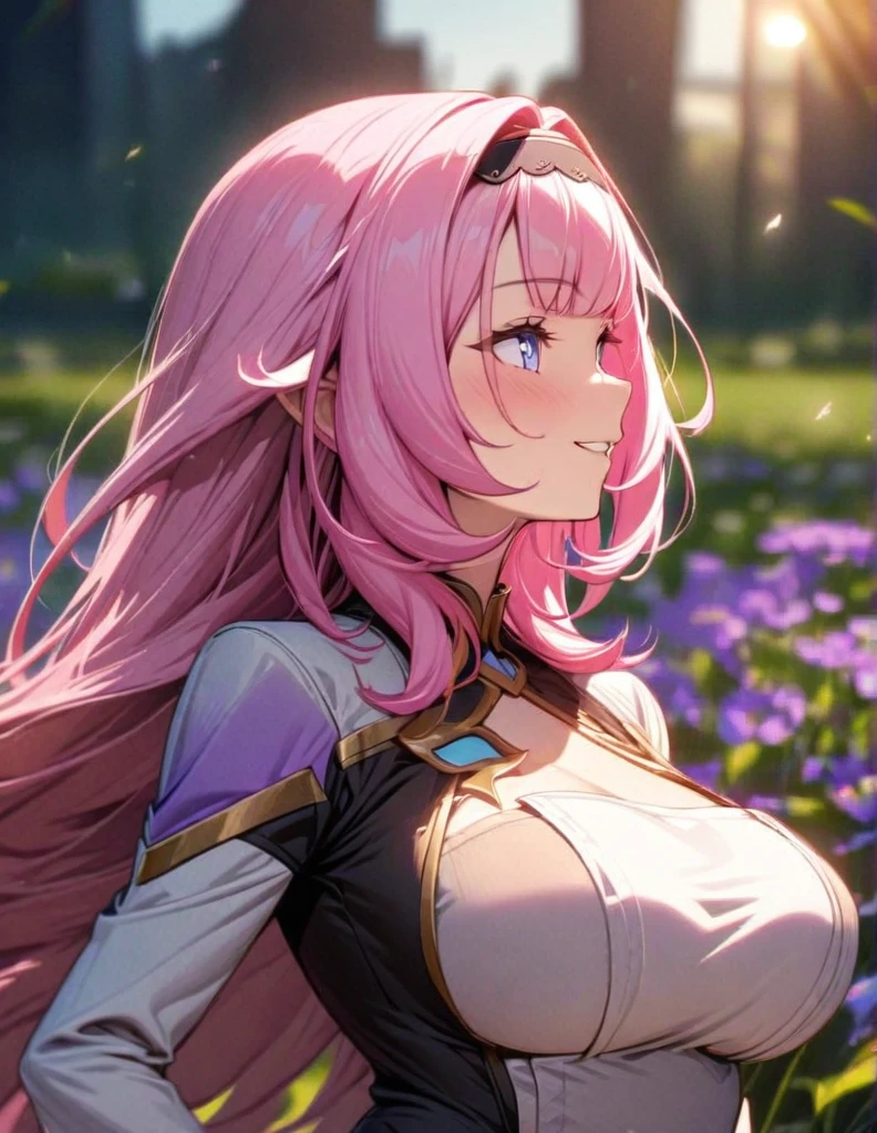 elysia, beautiful girl, long pink hair, beautiful face,smiling,close up to hips, beautiful breast, in the middle of flowers field, (open mouth:0.4),illustration,detailed textures(realists),ultra-detailed,portrait style,vivid colors,soft lighting, blushing, mature, hair fluttering, evening light , head band, ((half body)),  ((side profile until hips))