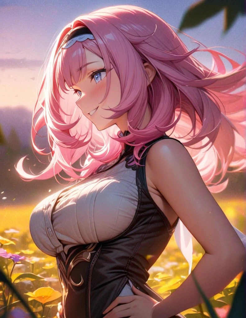 elysia, beautiful girl, long pink hair, beautiful face,smiling,close up to hips, beautiful breast, in the middle of flowers field, (open mouth:0.4),illustration,detailed textures(realists),ultra-detailed,portrait style,vivid colors,soft lighting, blushing, mature, hair fluttering, evening light , head band, ((half body)),  ((side profile until hips))