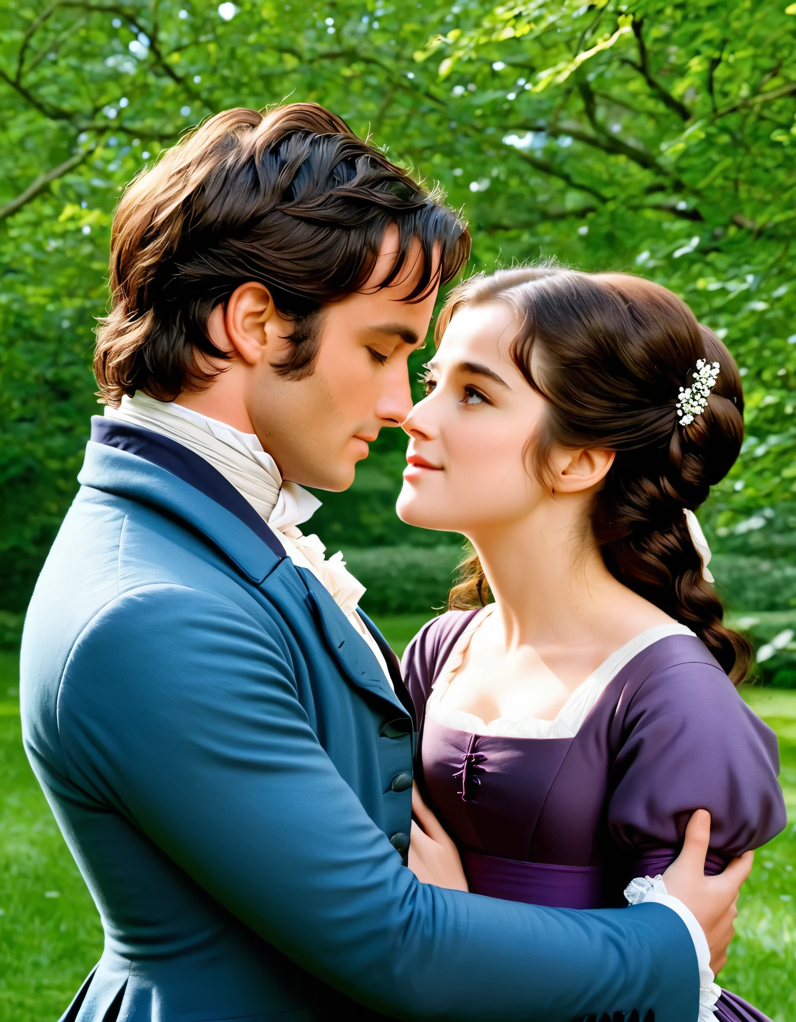 "You must allow me to tell you how ardently I admire and love you."
Image Prompt: Show a romantic scene with Mr. Darcy and Elizabeth, capturing the moment of his heartfelt confession of love.