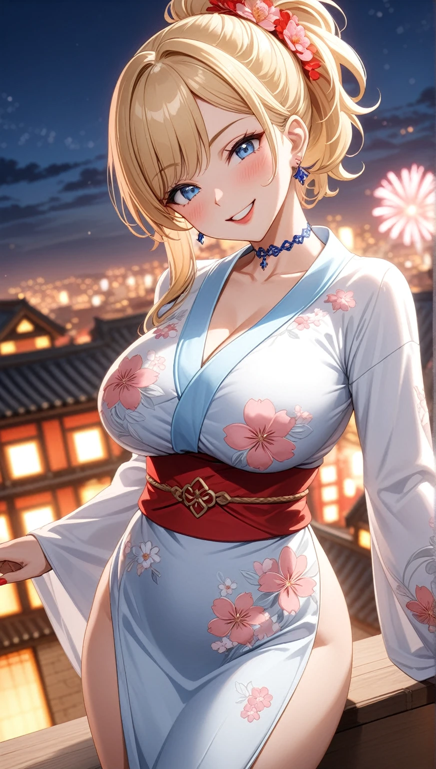 ((One personの女性)), Beautiful Face, (Laughing embarrassedly), (seductive smile:1.4), ((Wink:1.9)), (head tilt:1.3), Laugh with your mouth wide open, upper teeth, looking at viewer, ((Bright red cheeks:1.2)),Glossy Red Lips,rooftop, firework, Glossy red lips, Shining Face, ((Anime style background)),masterpiece, Highest quality, so beautiful,up to date, Complex details, (Pink long nails), (nail art), (ring),(bracelet),(Floral choker),AI-generated, Complex,High resolution, Highest quality, super high quality,3D Images、3D Images,One person,Long blonde hair,High Ponytail, Blonde anime woman posing for a photo,(blue eyes), ((Fine grain、Lightly pigmented blue eyes、Shining Eyes:1.3)), (Squint your eyes:1.1),a hyperRealistic , hyperRealistic , Realistic,Long and blonde anime woman, Smooth anime CG art, A woman in a gorgeous kimono embroidered with silver, (White long sleeve kimono),((Large pink floral pattern)) ,Long flower hair ornament,Earrings,Mature Body,(Big Breasts:1.1),Tall,Abdominal muscles,Tight waist,(knee shot:1.2), (dutch angle:1.3),