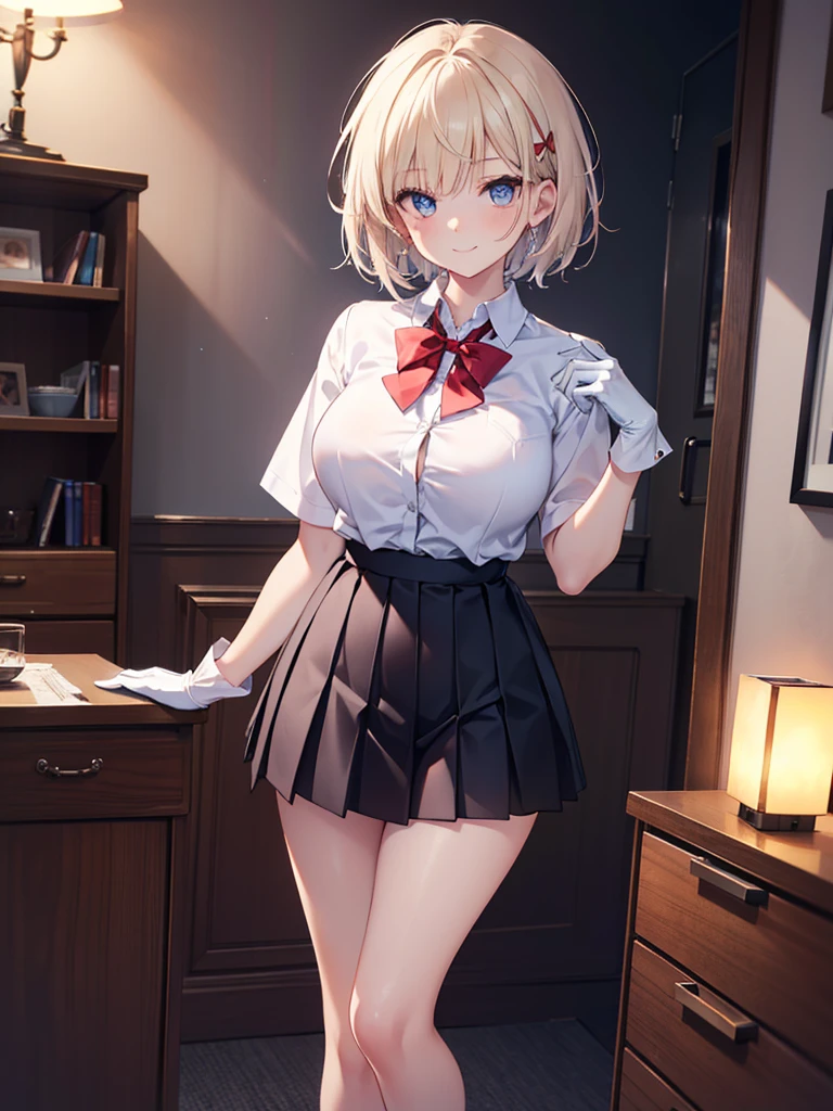 (8K, RAW photos, best quality, masterpiece:1.2), (Practical, photo-Practical:1.37), Extremely detailed, 1 girl,Lovely, Solitary,Beautiful and detailed sky,(Red and swollen nose),(Smile:1.1),(Shut up),Large Breasts, seductive Smile, Big Apartment, Professional lighting, Sony A7R4, Jersey 50mm F1.8, Medium breasts,Beautiful and delicate eyes,(Collared shirt:1.1), bow tie,Pleated Skirt,(short hair:1.2),Flowing hair ,Long hair,White gloves,Eyes with highlights,miniskirt,Slender legs