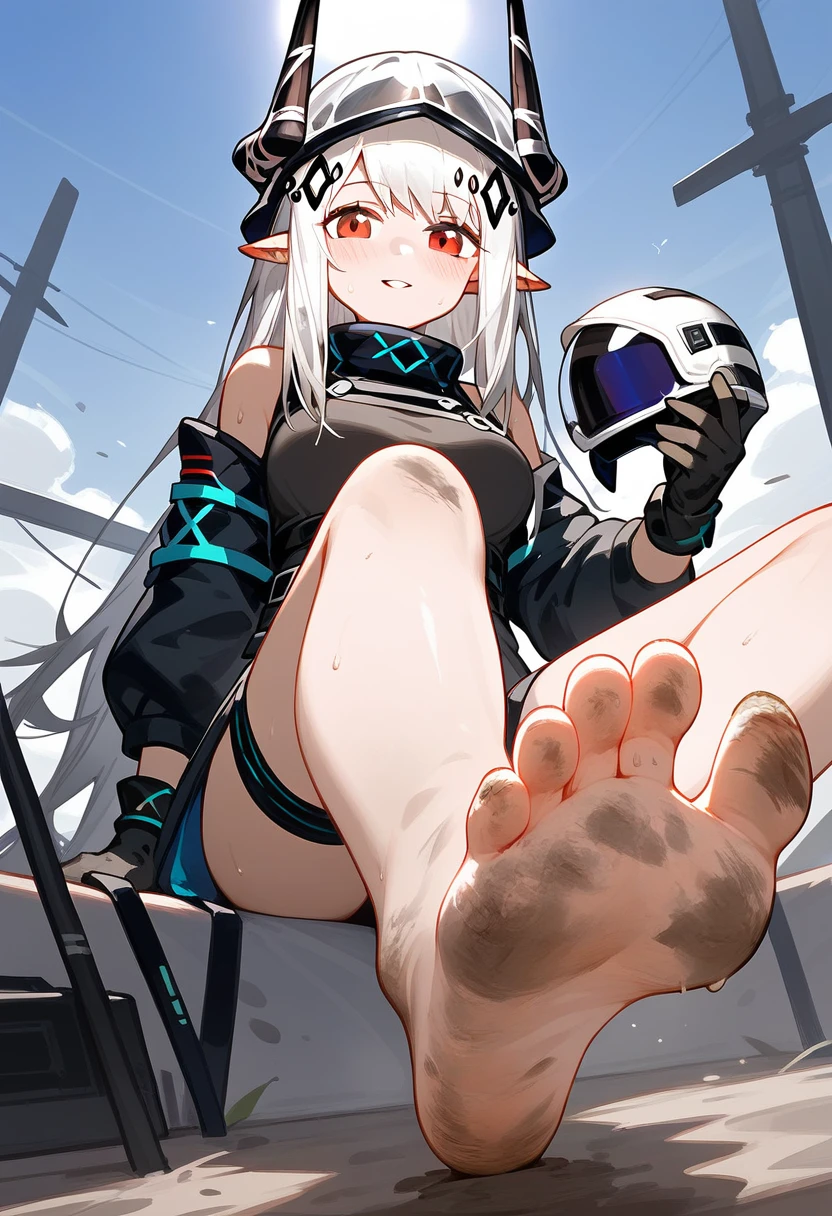 score_9,score_8_up,score_7_up,1girl,mudrock (arknights),dirty,feet,gloves,helmet,horns,soles,red eyes,barefoot,pointy ears,breasts,solo,long hair,white hair,black gloves,toes,hardhat,foot focus,looking at viewer,sitting,sweat,parted lips,dirty feet,holding,outdoors,sky,bangs,oripathy lesion (arknights),day,smile,blush,demon horns,infection monitor (arknights),foreshortening,sun,