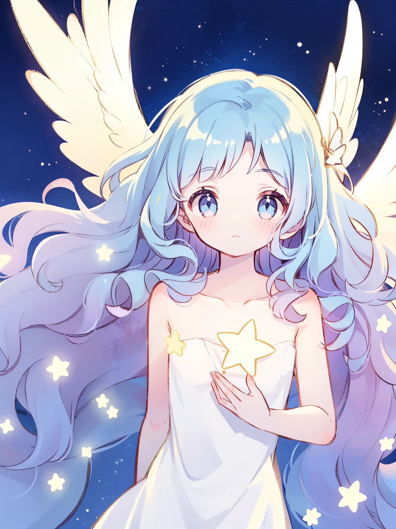 nude angel girl wearing an ethereal translucent dress, pale skin, ((wavy blue hair)), white feathers, angel wings, sparkling detailed eyes, golden ratio face, perfect composition, highly detailed, ethereal, (starry night sky background), midjourney style