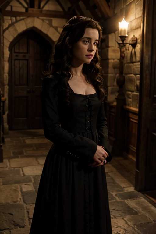 claire foy in a black dress (medieval) (brunette long curls)