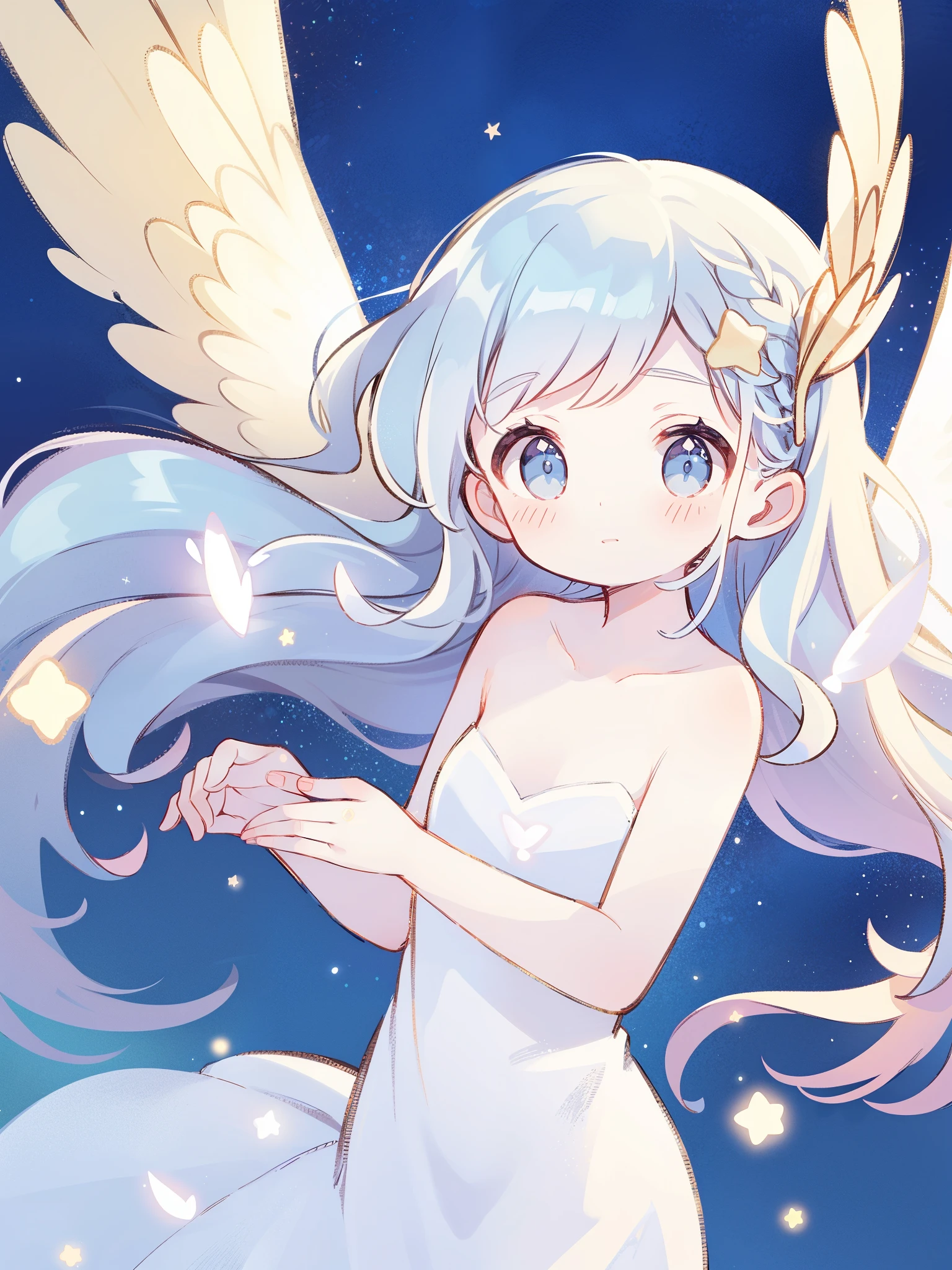 nude angel girl wearing an ethereal translucent dress, pale skin, ((blue mint wavy hair)), white feathers, angel wings, perfect composition, highly detailed, ethereal, (starry night sky background), midjourney style