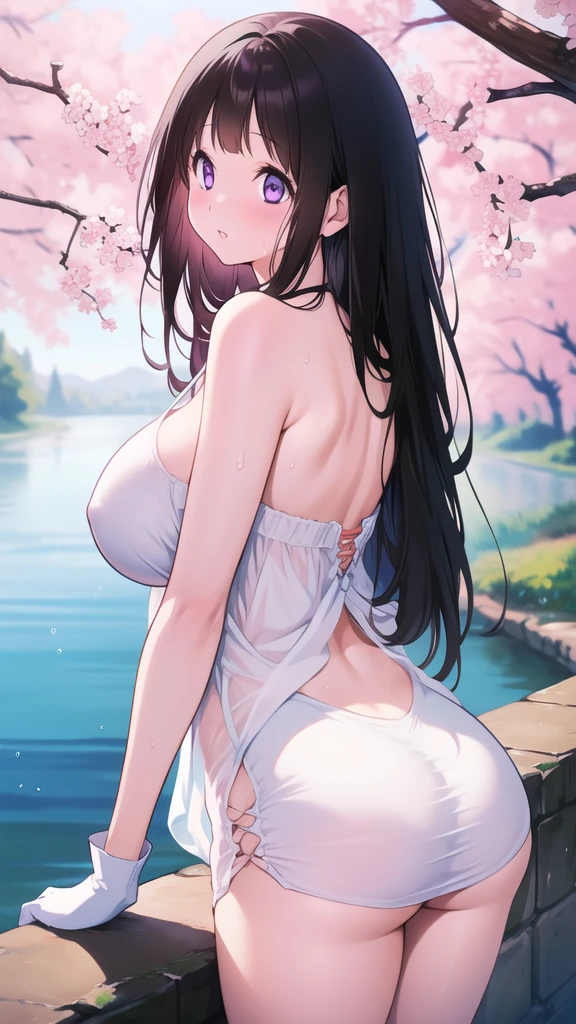 Amazing Chitanda, There is only one beautiful girl,Purple Eyes, Black Hair, Very red face,Very white skin,Glowing skin,Skin as delicate as porcelain,Naturally straight hair, Straight bangs,Extremely refined,Open lips,Long flowing hair,Beautiful Girl, Like a dream,Slim,Slim waist,Soft, (Sensual), (Kawaii), Dream quality,Beautiful big breasts,Sheer loose dress,Areola,Completely naked,Lower edge of breast,White gloves,Flower decoration,Deep V neckline,Loose neckline,White lace-up,Wide neckline,By the River,bend over,Place your hands on your inner thighs,Thighs clamp hands,Wet skin,Sweaty and sweaty,Sweating all over,it is raining,Next to the cherry blossom trees,Back to,Lean over,Hips,Side body,Gluteal groove,Completely naked的臀部,Bare back,Completely naked的背部,Light transmission,(no pants),nopan,pussy juice,Bare shoulders,There are no shoulder straps,Bare neck,Exposed collarbone,Exposing breasts,Exposing breasts侧面,Exposing breasts下面,Show your waist,Show your buttocks,Show your thighs,Exposing the groin,(No pants),extremely shy,Ultra-high resolution, (masterpiece:1.2, best quality), (Delicate and beautiful eyes: 1.2), (Beautiful and delicate face)
