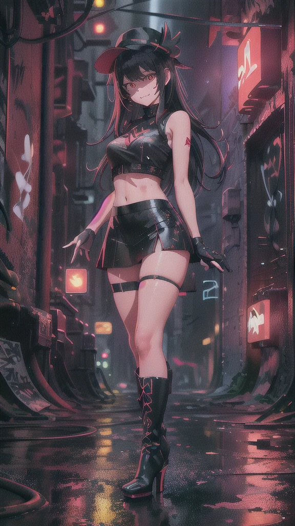 masterpiece, best quality, 1lady, solo, black hanting hat, black shirt, black mini skirt,black boots,    (graffiti:1.5), arms behind back, looking at viewer, thigh strap, paint on face, head tilt, bored, red and multicolored hair, red eyes, white stars in eyes, evil grin, (an artistic photograph of a cyberpunk prostitute),full body shot, centered, contrast beautifully with the sleek, futuristic design of the mech. The background features a wide-angle lens, emphasizing the dynamic nature of the scene. wide aperture, HDR, telephoto lens,midnight,alley, street light, night sky.