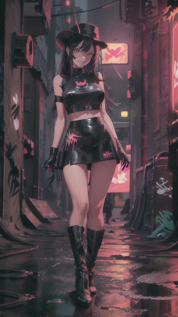 masterpiece, best quality, 1lady, solo, black hanting hat, black shirt, black mini skirt,black boots,    (graffiti:1.5), arms behind back, looking at viewer, thigh strap, paint on face, head tilt, bored, red and multicolored hair, red eyes, white stars in eyes, evil grin, (an artistic photograph of a cyberpunk prostitute),full body shot, centered, contrast beautifully with the sleek, futuristic design of the mech. The background features a wide-angle lens, emphasizing the dynamic nature of the scene. wide aperture, HDR, telephoto lens,midnight,alley, street light, night sky.